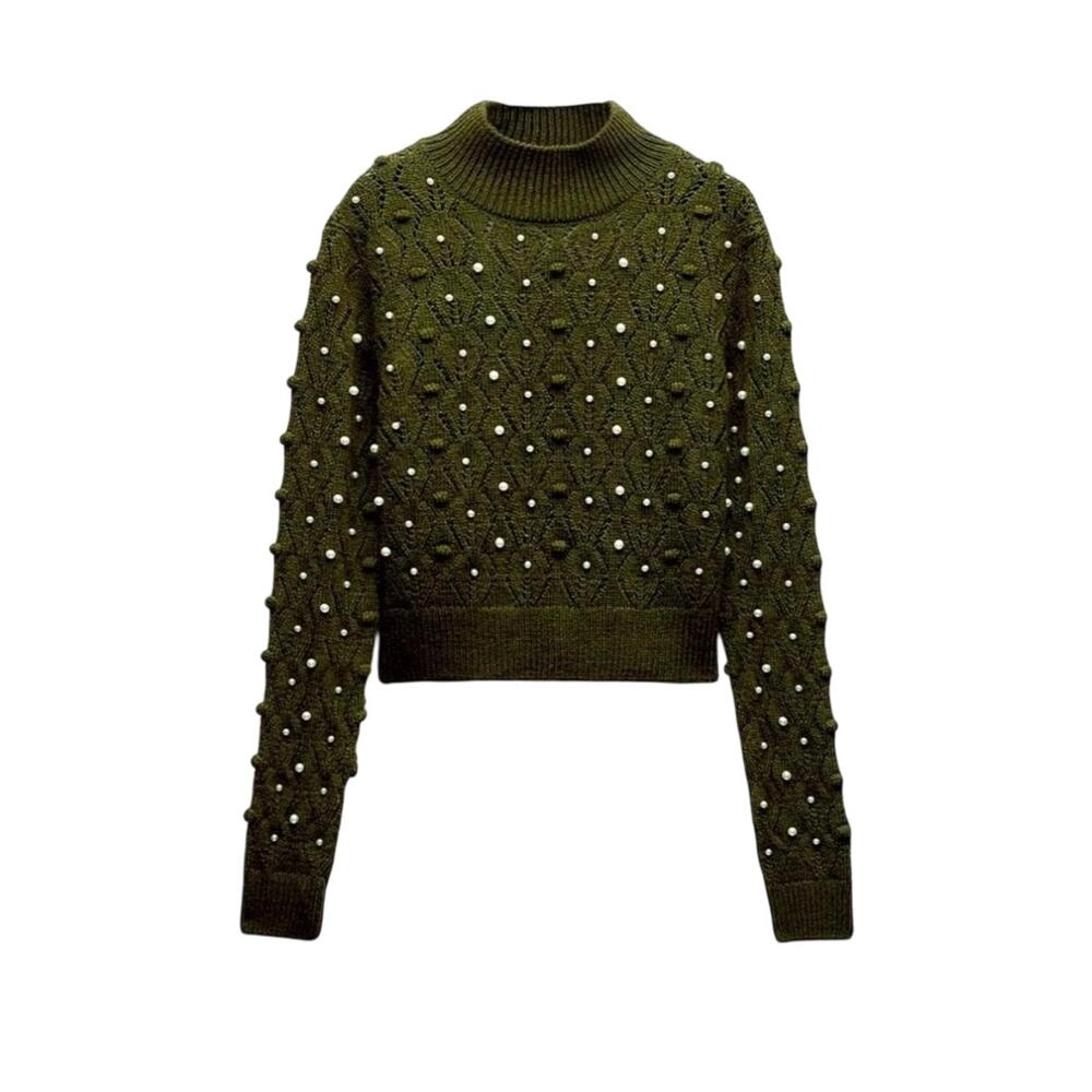 $49 MSRP - Zara Knit Open Back Pearl Crop Sweater - Sz M - NWT